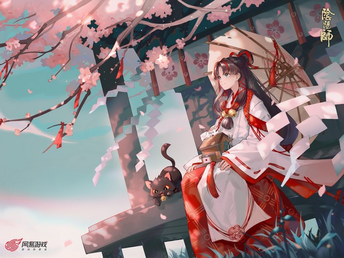 Anime girl with umbrella and cat from Onmyoji