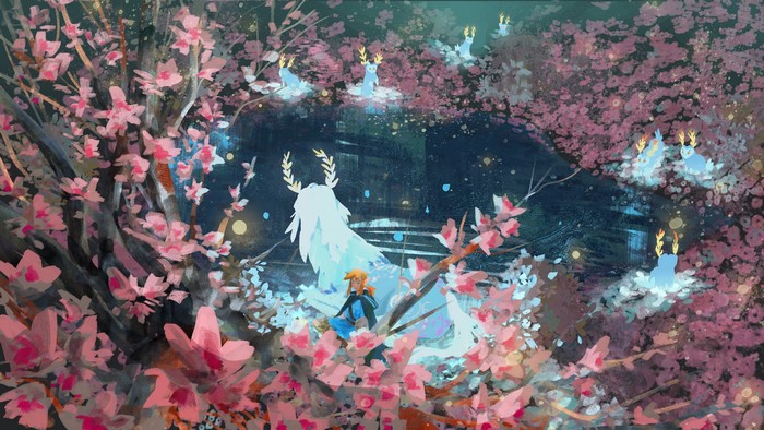 Link from The Legend of Zelda with a spirit in a cherry blossom forest