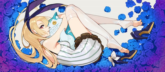 Anime girl with blonde hair and bunny ears holding a creature