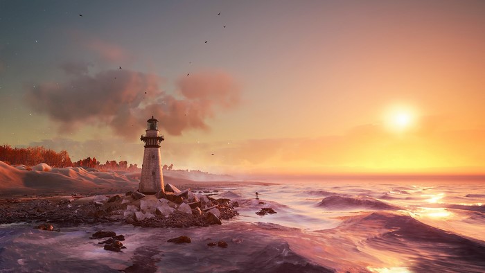 Lighthouse on a rocky shore at sunset, digital art