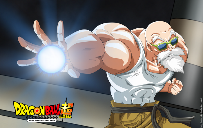 Master Roshi from Dragon Ball Super charging Kamehameha