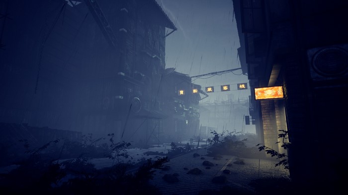 Cyberpunk alleyway with neon signs in the rain