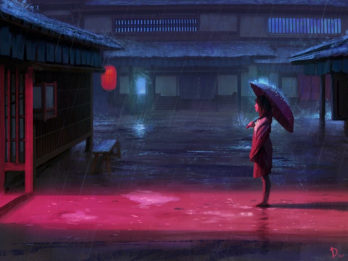 Girl with umbrella in the rain at night