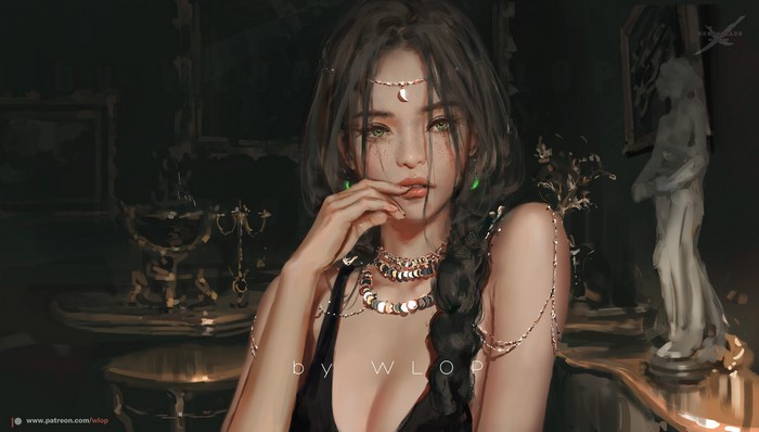 Fantasy art of a woman with jewelry by WLOP