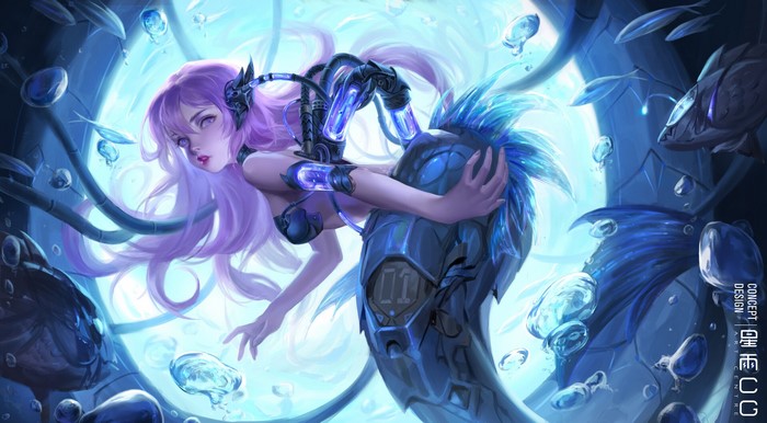 Fantasy girl with purple hair and mechanical tail