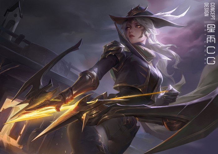 Fantasy woman with bow and arrow wearing a hat