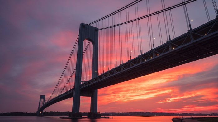 Verrazano-Narrows Bridge at sunset over water