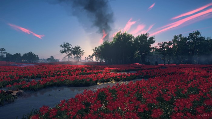 Ghost of Tsushima: Red Spider Lily Field at Sunset