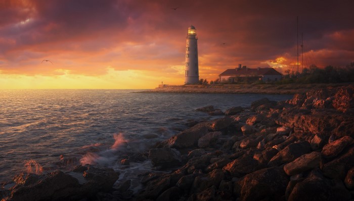 Lighthouse on a rocky shore at sunset with birds