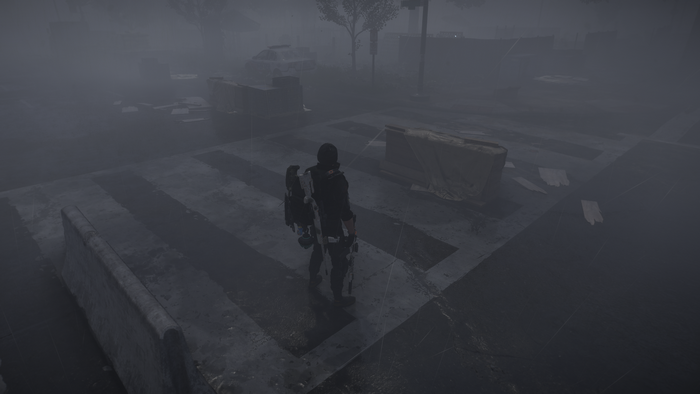 Character from Tom Clancy's The Division 2 in misty rain