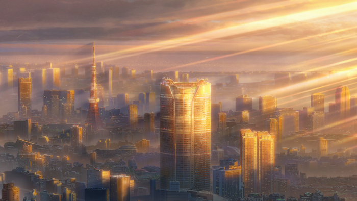 Anime city skyline with Tokyo Tower and sunbeams