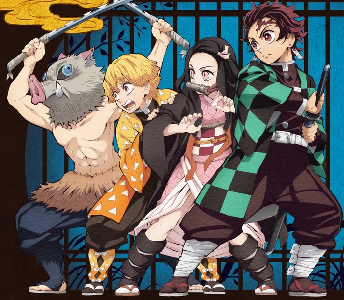 Inosuke, Zenitsu, Nezuko, and Tanjiro from Demon Slayer