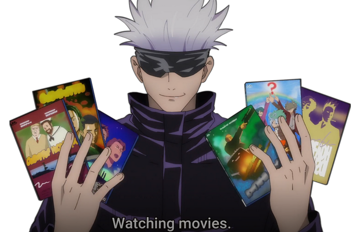 Satoru Gojo from Jujutsu Kaisen holding movie cases
