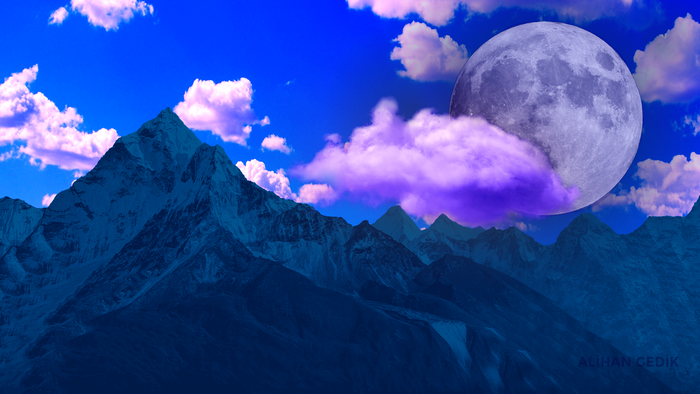 Mountains under a large moon with purple clouds