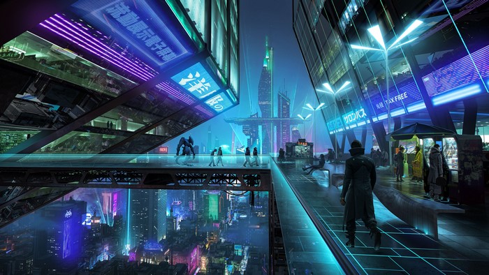 Cyberpunk city with neon lights and futuristic architecture