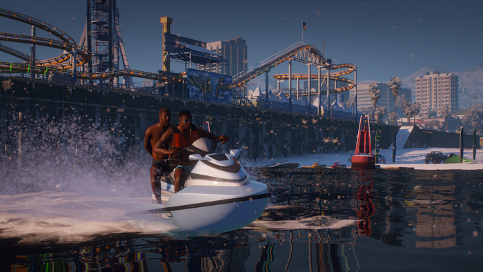 Two men on a jet ski in Los Santos, Grand Theft Auto V