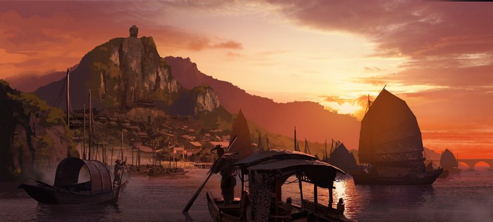 Boats on a lake at sunset with mountains and a village
