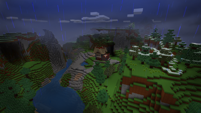 Minecraft landscape with house and snowy trees