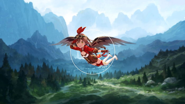 Amber from Genshin Impact flying over mountains