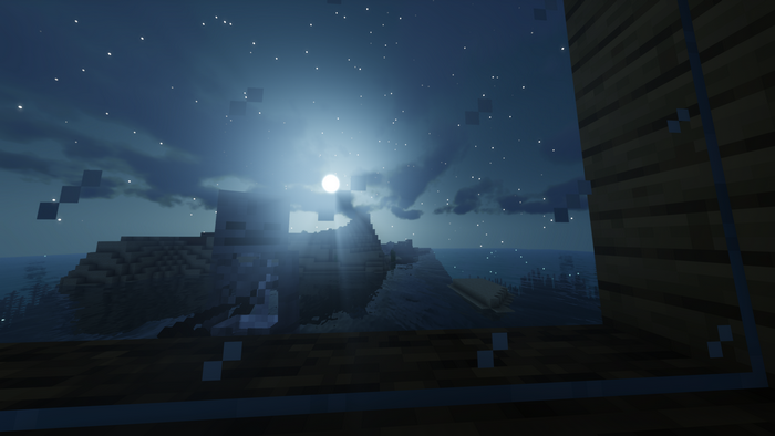 Minecraft night ocean view with moon rays