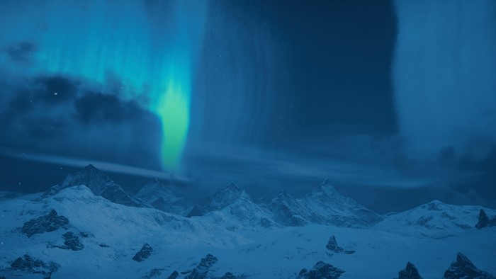 Aurora Borealis over snowy mountains