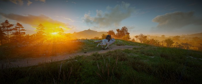 Eivor riding a wolf in Assassin's Creed Valhalla at sunset