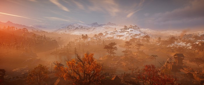 Assassin's Creed Valhalla landscape with snow-capped mountains