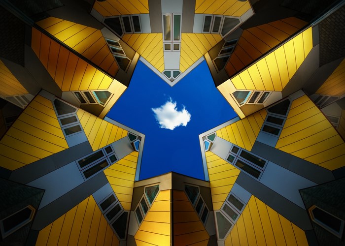 Cube houses in Rotterdam, Netherlands, worm's eye view