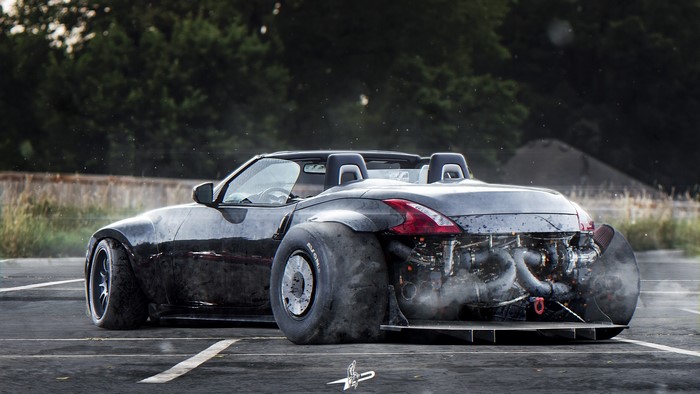 Nissan 370Z Roadster with exposed twin-turbo engine