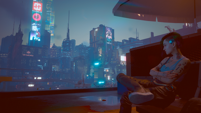 Judy Alvarez from Cyberpunk 2077 on a rooftop overlooking a city