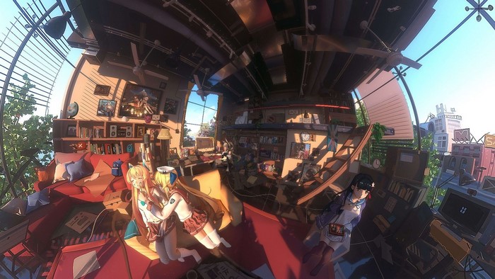 Anime girls in a room with a view