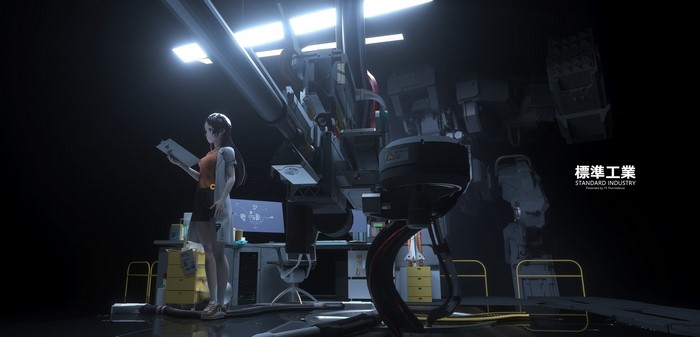 Anime girl in lab with giant robot
