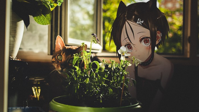 Anime cat girl and Bengal cat by the window