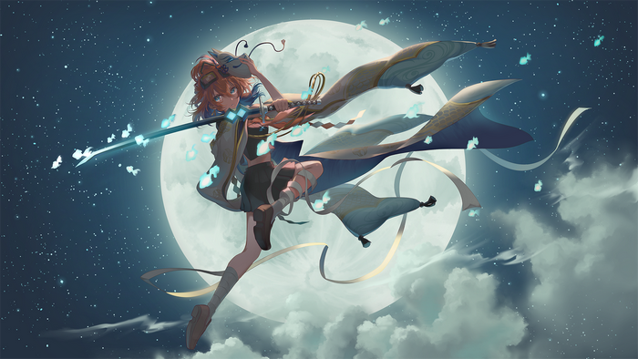 Anime girl with mask and sword under the moon