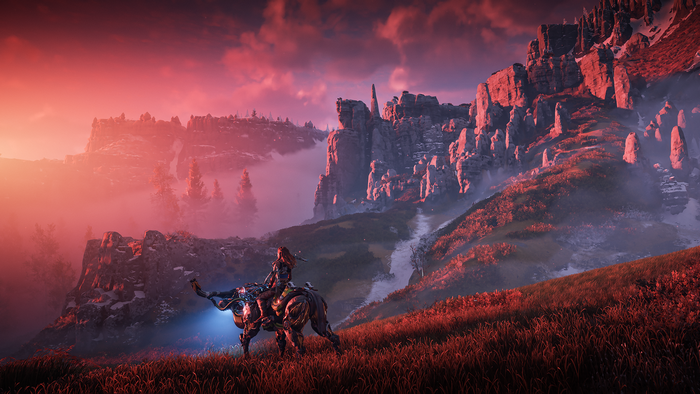 Aloy riding a mechanical creature in Horizon Zero Dawn