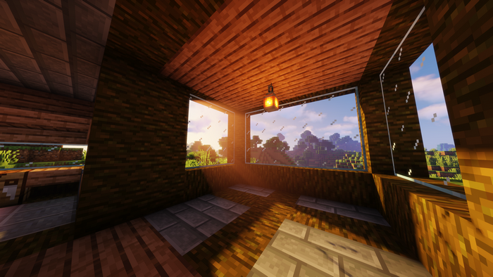 Minecraft interior with sun rays and forest view