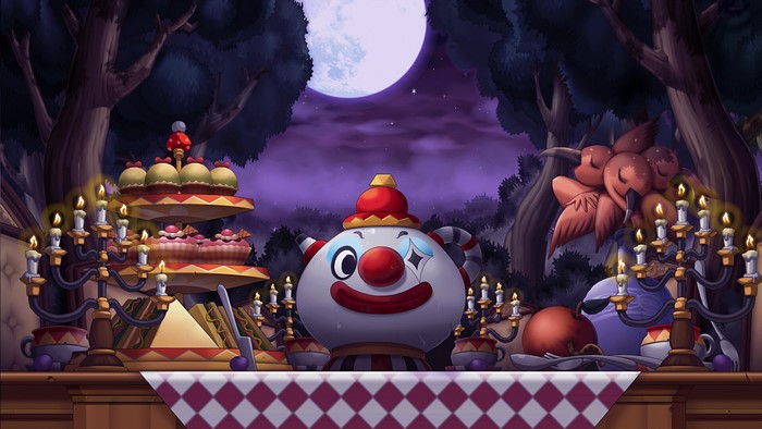 MapleStory clown teapot and desserts in a forest at night