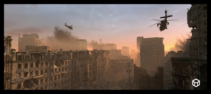 Helicopters flying over a destroyed city at sunset