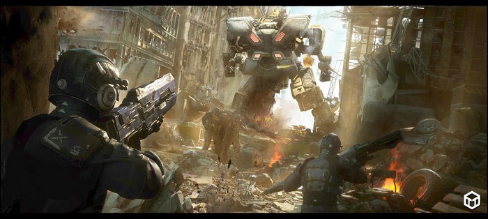 Soldiers battle a giant mech in ruined city