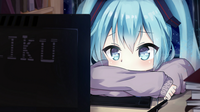 Hatsune Miku looking at a computer screen