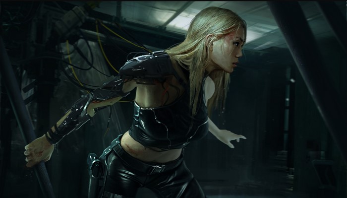 Cyberpunk woman with prosthetic arm