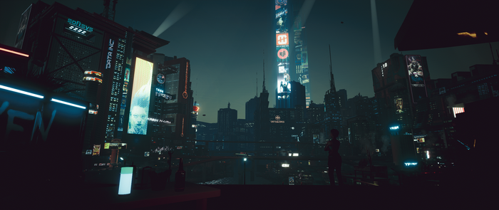 Cyberpunk 2077 city skyline at night