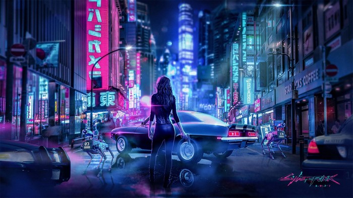 Woman with gun and car in Cyberpunk 2077 city