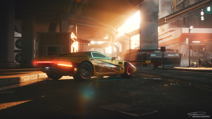Cyberpunk 2077 yellow car in futuristic city