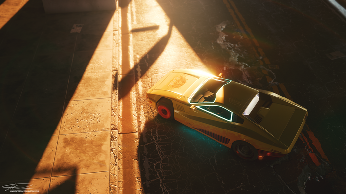 Cyberpunk 2077 yellow car on a street