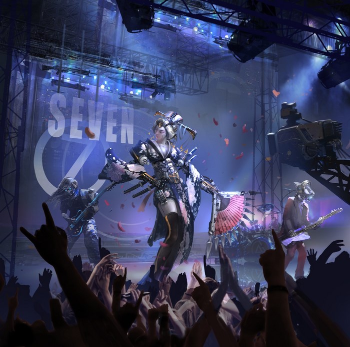 Futuristic Geisha Performer on Stage with Band and Crowd