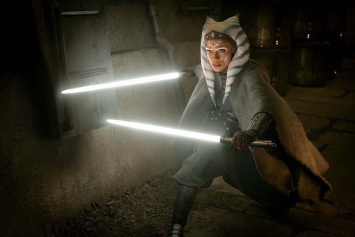 Ahsoka Tano from Star Wars holding two lightsabers