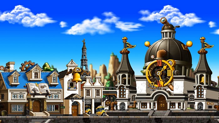 MapleStory cityscape with clock tower and buildings