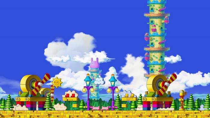 MapleStory game art with colorful towers and machines