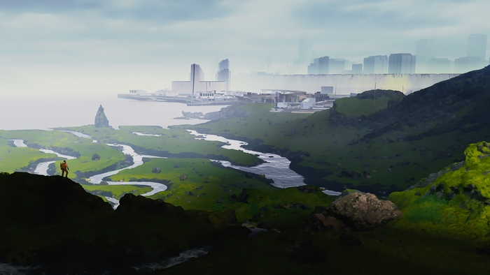 Man overlooking a misty landscape with a city in the distance